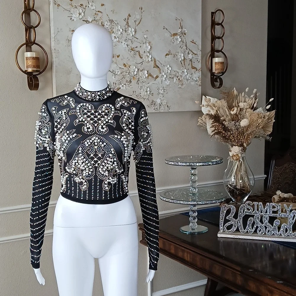Banjul Black Beaded Long-Sleeve Crop Sheer Cocktail Mock Neck Top. Size M - Picture 5 of 17